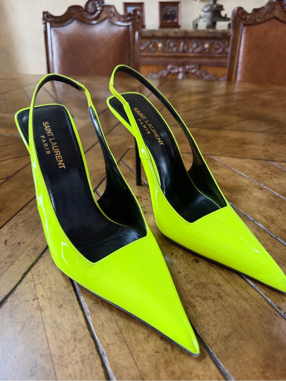 Saint Laurent Neon Lime Patent Slingback Pointed Pumps
